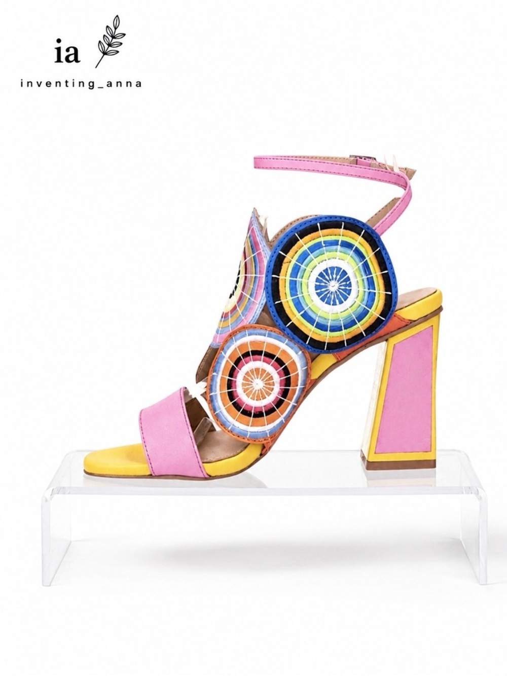 EXE Colorful Geometric Block Heel Sandals Pink Yellow Blue Size 40